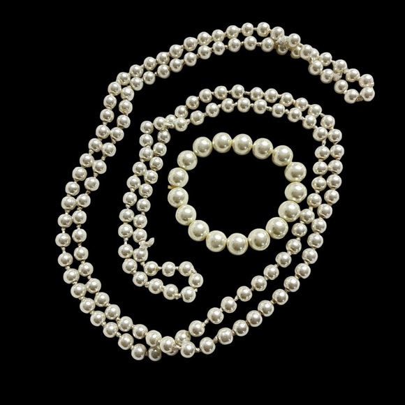 VTG 50'S HIGH LUSTER PEARL GLASS BEAD NECKLACE FLAPPER 60” AND STRETCH BRACELET - Picture 1 of 6